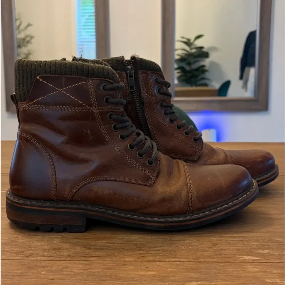Crevo Camden Men’s Chestnut Brown Leather Cap Toe Combat Boots Size 9